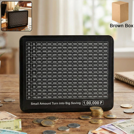 Reusable savings tracker money box with printed goal chart on front