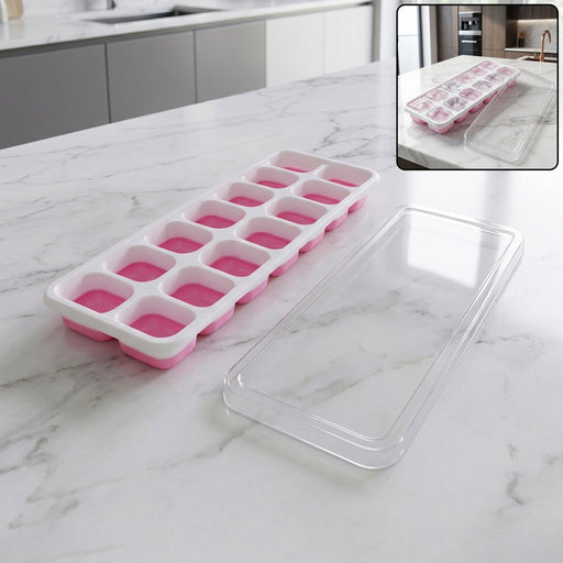 Pink plastic ice cube tray with lid for easy freezing