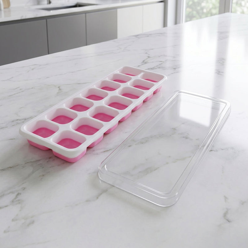 Easy release pink plastic ice cube tray