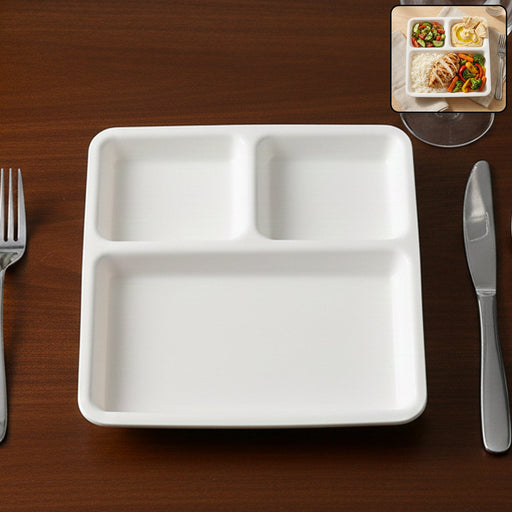 Durable plastic 3-compartment dinner plate for portion-controlled meals