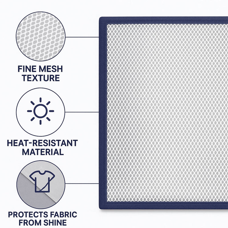 Ironing mesh press cloth protecting dark shirt fabric from iron shine