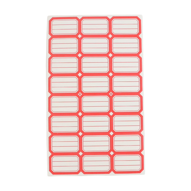 Single sheet showing multiple red and white self-adhesive rectangular label stickers