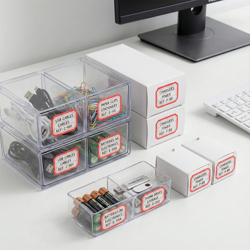 Kitchen organizer using self-adhesive rectangular label stickers for clear labels