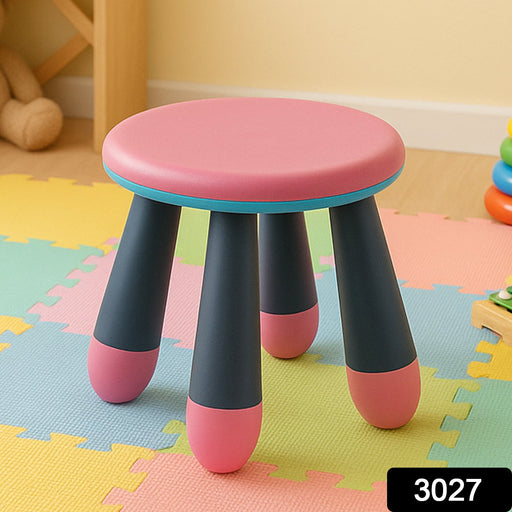 Folded plastic step stool for children, showcasing its space-saving design.