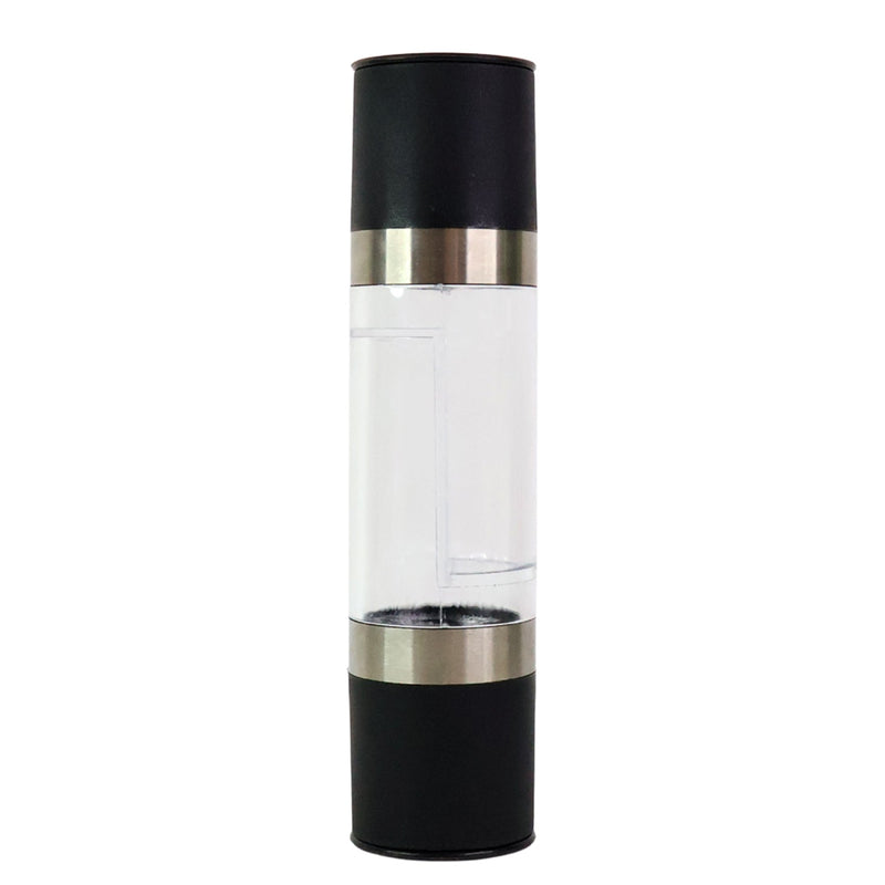 Clear acrylic chamber displaying salt and peppercorns inside grinder