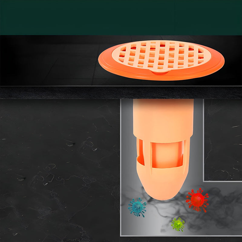 Transparent plastic drain strainer fitted in modern bathroom floor drain