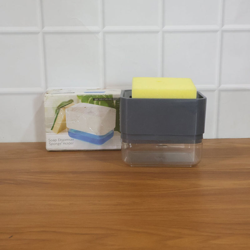 Neatly arranged kitchen sink organizer with soap and sponge