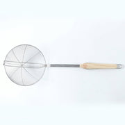 Stainless steel frying strainer with long handle for safe kitchen use