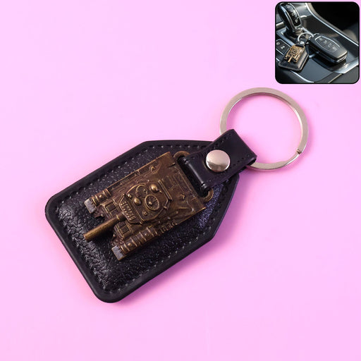 Leather finish keychain featuring a metal military tank design emblem