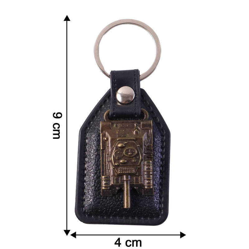 Size display of military tank design leather finish keychain showing compact dimensions