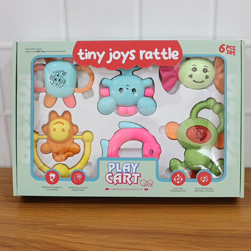 Multiple colorful baby rattles arranged for early learning activities
