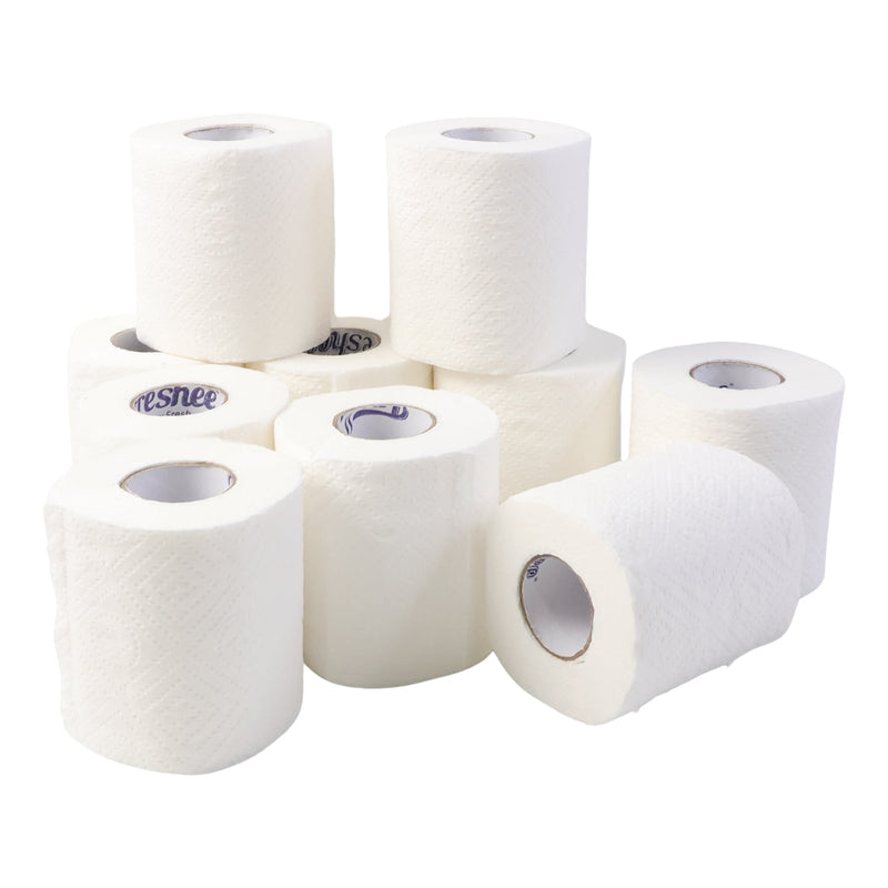 Single Freshee toilet tissue roll placed in a standard dispenser in a clean bathroom.