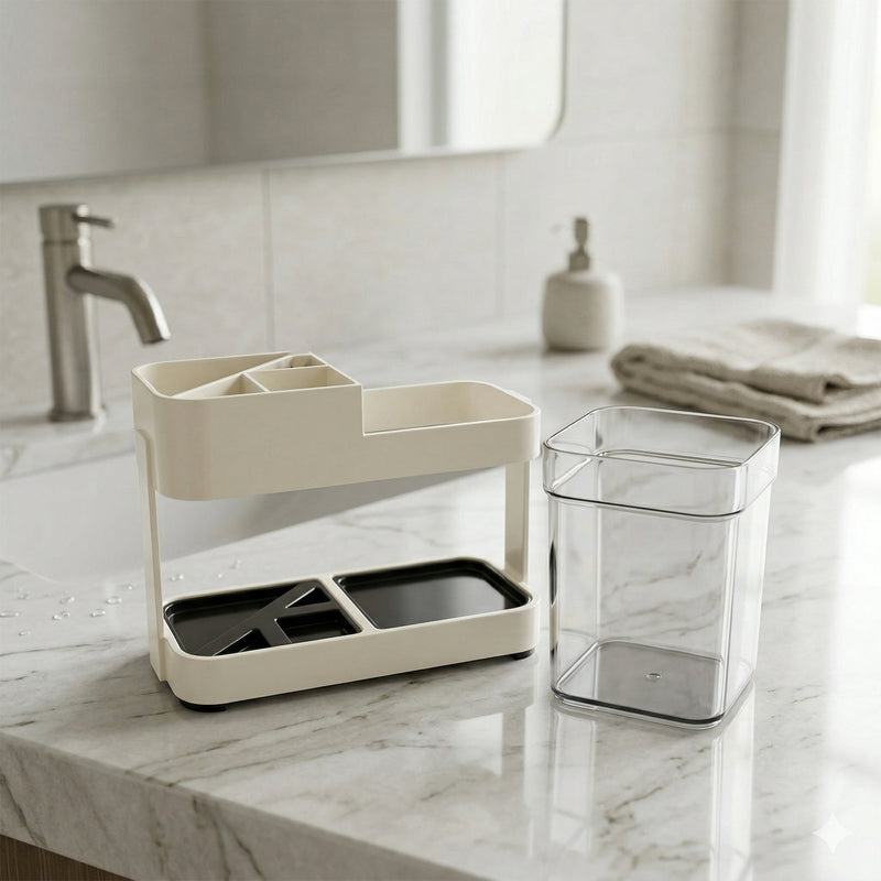 Brown plastic toothbrush holder in bathroom