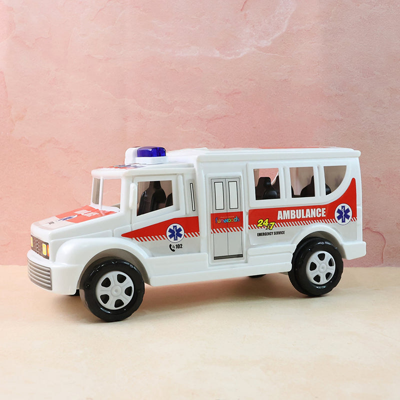 Front angle shot of friction powered ambulance toy with detailed decals