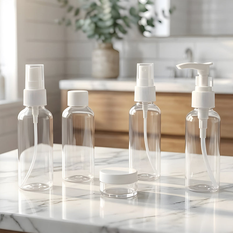 Compact travel cosmetic bottle storage kit for shampoo, lotion and skincare