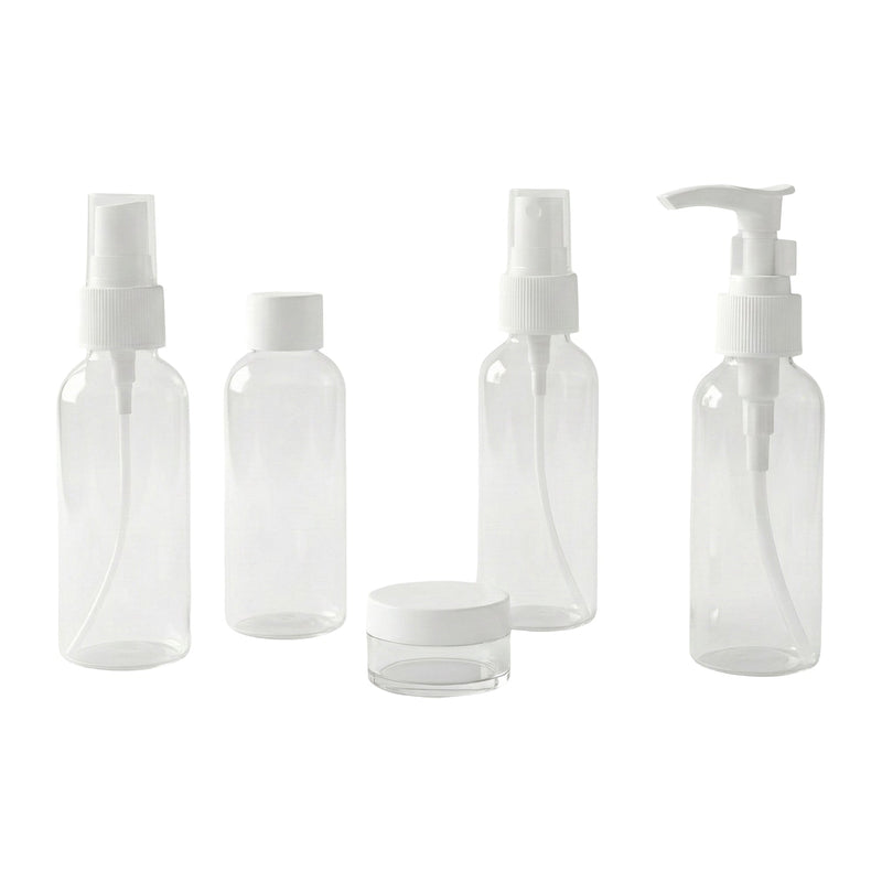 Travel bottle combo including pump, spray, and flip cap refillable containers
