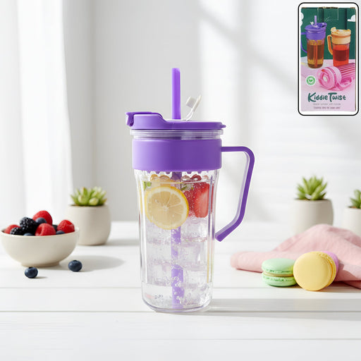 Plastic tumbler for kids with integrated straw and sturdy handle