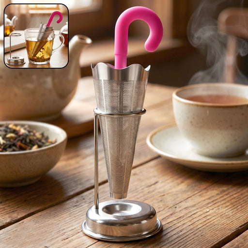 Shiny stainless steel tea strainer with umbrella design and integrated drip tray stand.