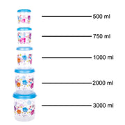 Full set of 5 transparent plastic containers neatly arranged in a modern kitchen.
