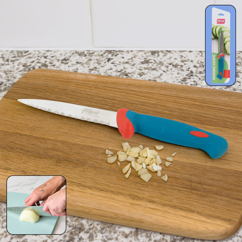 Stainless steel paring knife with anti-slip handle on white background