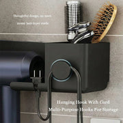 Hair dryer hanging rack with additional storage compartments and hook