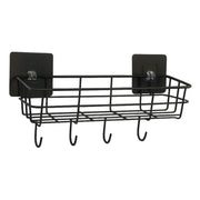 Close-up of basket hooks holding towels and loofahs efficiently
