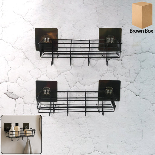 Pack of two self-adhesive wall storage baskets with hooks mounted on bathroom wall