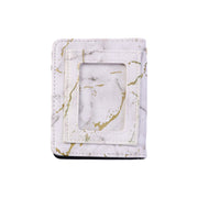 Compact card holder wallet featuring marble texture and snap closure