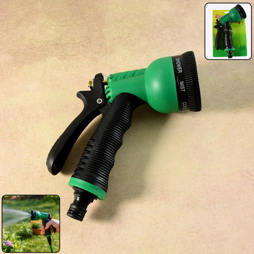 Multi-pattern garden hose spray nozzle showing trigger control and dial