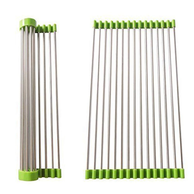 Stainless steel kitchen sink drain rack, extended over a sink for drying dishes.