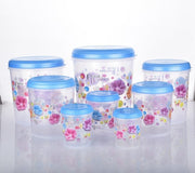 Complete 8-piece air tight plastic container set with elegant floral design.