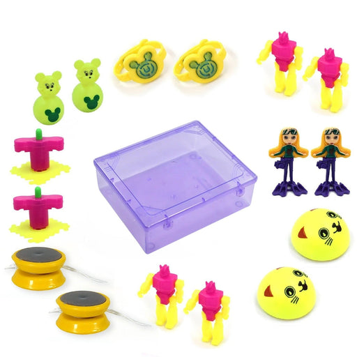 Vibrant friction powered toy vehicles including cars, trucks, and airplanes.