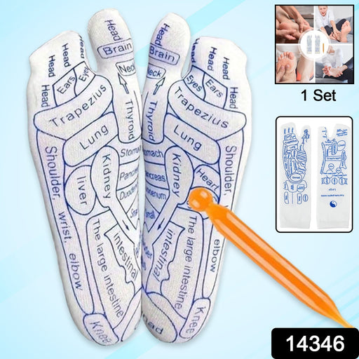 Close-up view of reflexology therapy socks worn on foot showing zone details
