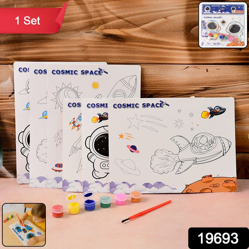 Close-up of cosmic space themed painting kit paints and brushes for kids creative art