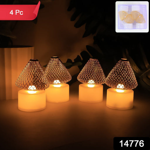 Close-up of an LED flameless candle with flickering effect and mesh shade
