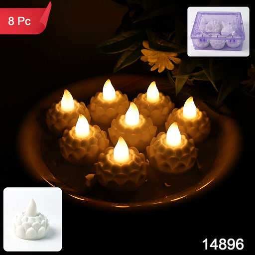 Close-up view of lotus shaped LED flameless tealight candle flickering