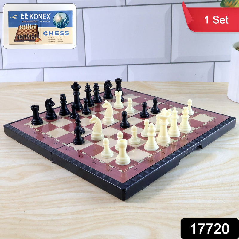 Foldable magnetic chess board game set laid out for play