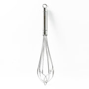 Angled view of durable stainless steel medium hand whisk