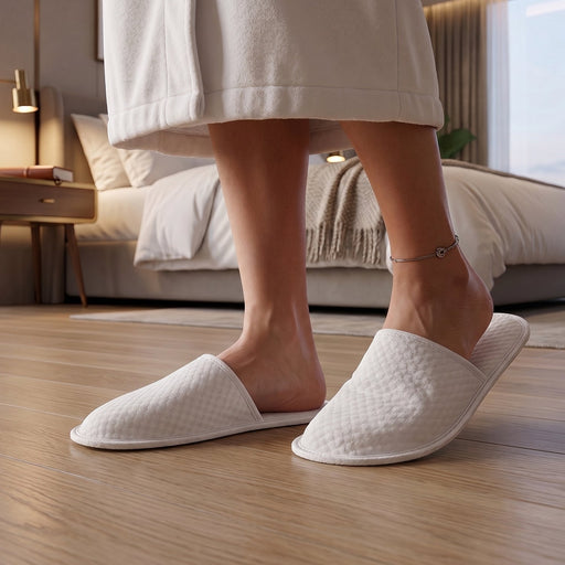 White waffle-texture indoor slippers showcasing anti-slip soles