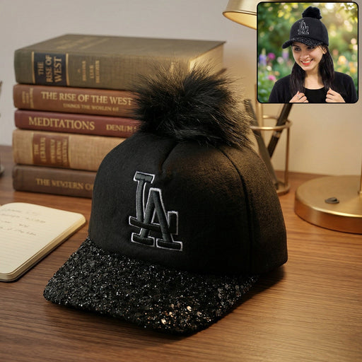 Stylish winter baseball cap with fur pom pom and glitter brim