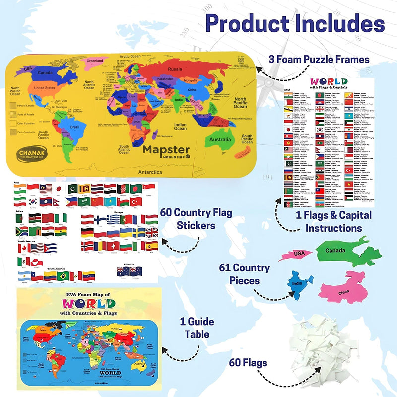 World Map Puzzle layout showing all continents in bright colors