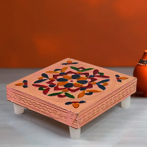 Handcrafted Meenakari Puja Chowki set, front view, showcasing vibrant multicolor details.