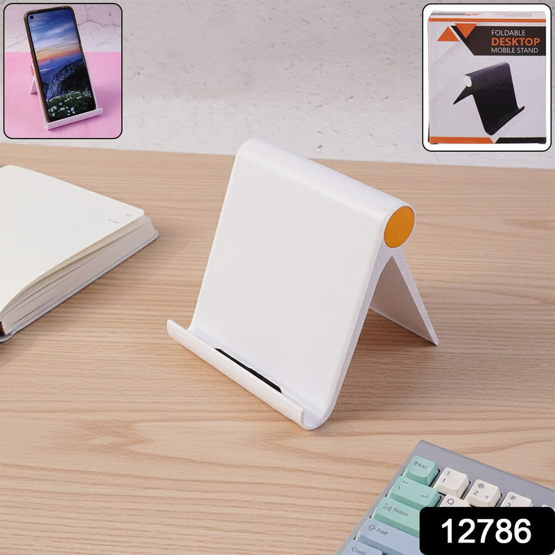 Side angle view of foldable mobile stand displaying compact fold-flat design