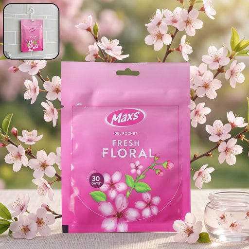 Maxs Gel Air Freshener in a fresh floral scent, designed for small spaces.