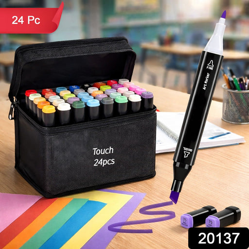 Artistic sketch marker set shown with colorful markers and storage pouch