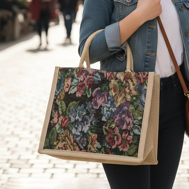 Front view of multipurpose floral print carry hand bag