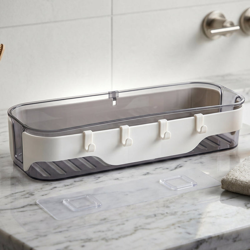 Wall-mounted transparent bathroom storage shelf with hooks for towels and toiletries