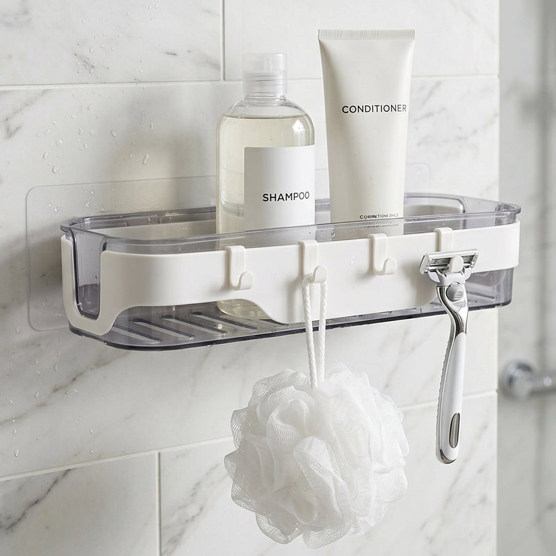 Bathroom wall organizer shelf with personal care products