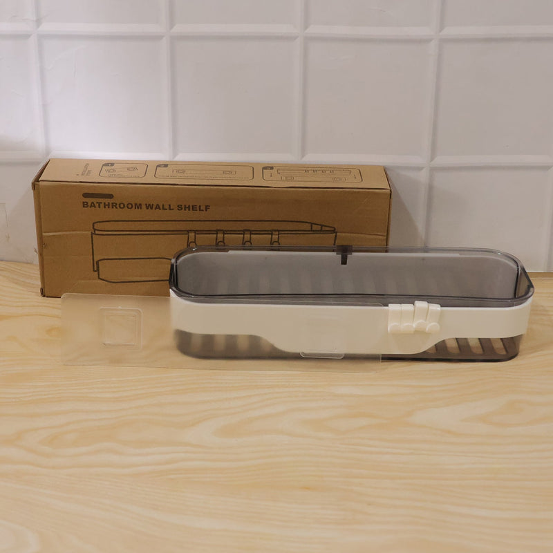 Installation perspective of transparent bathroom wall shelf