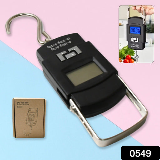 Close-up of the portable digital weighing scale hook and display.